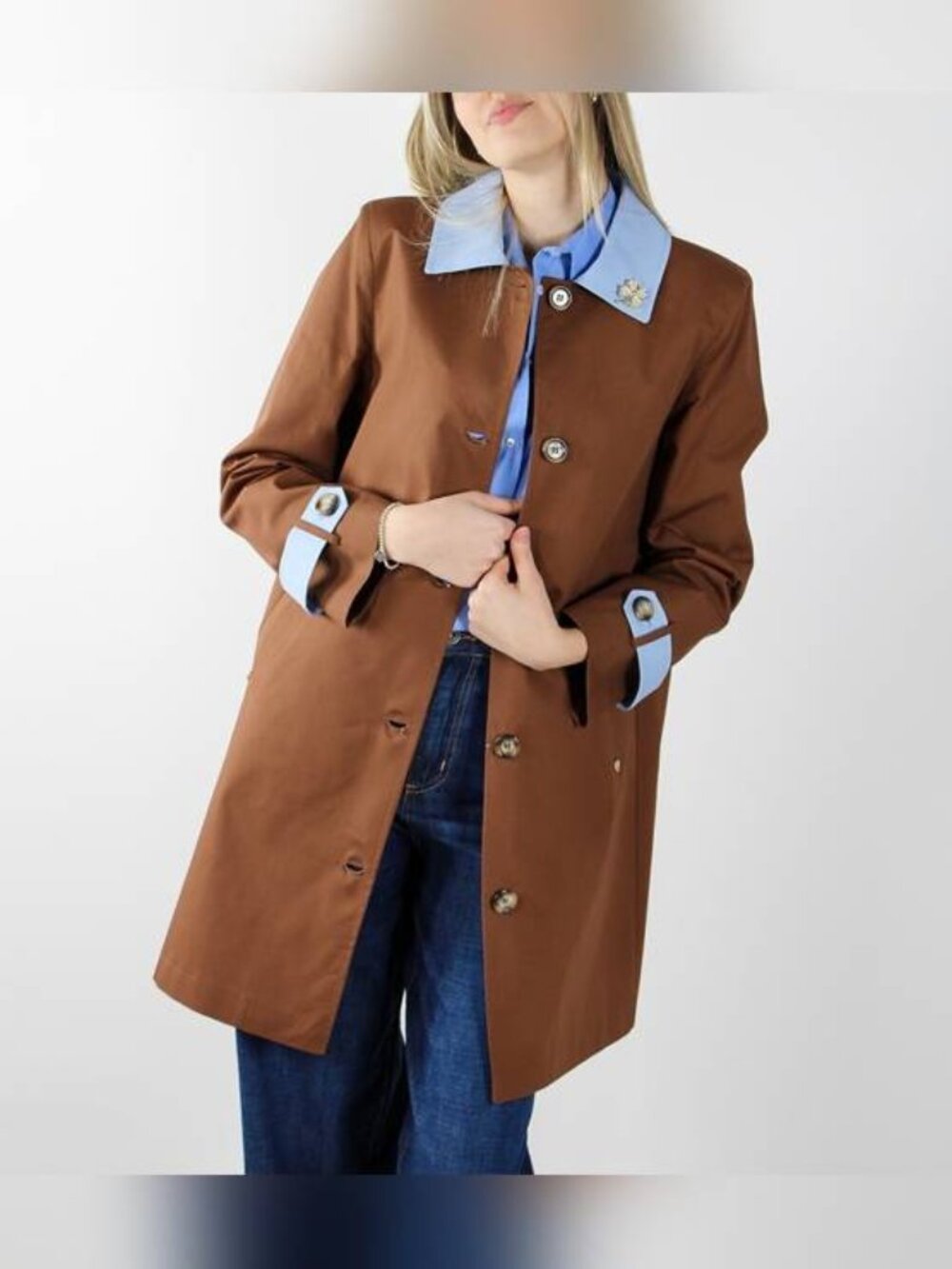 Susy Mix Cuoio Cotton-Poplin Blue-Trim Mackintosh Coat